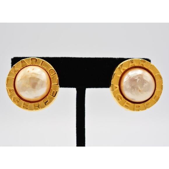 Karl Lagerfeld Vintage Logo Clip On Earrings Brushed Gold Pearl Signed 80s BinAI - Picture 1 of 12